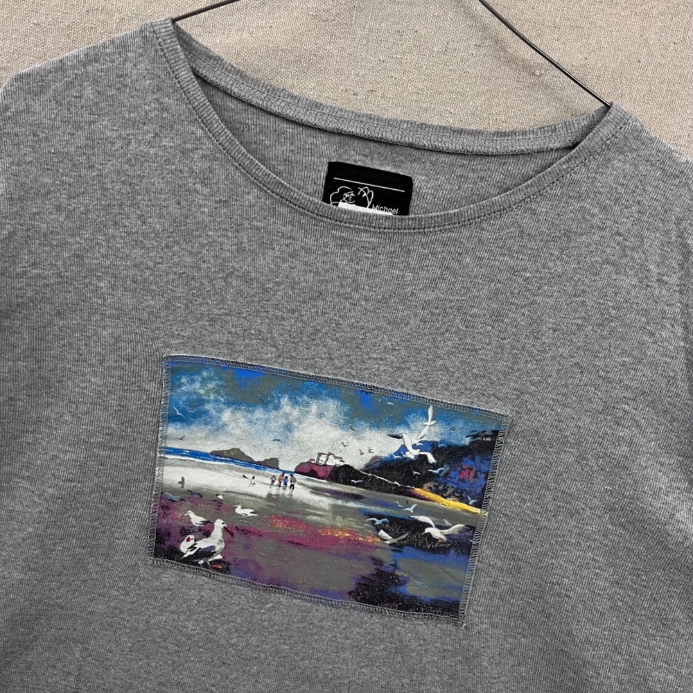 Michael Leu Long Sleeve T-Shirt Mens XL Grey‎ Beach Graphic Patch Cotton USA